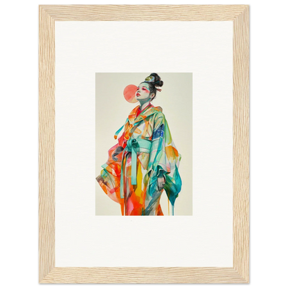 Framed canvas print of a colorful geisha for vibrant room decoration and rainbow essence