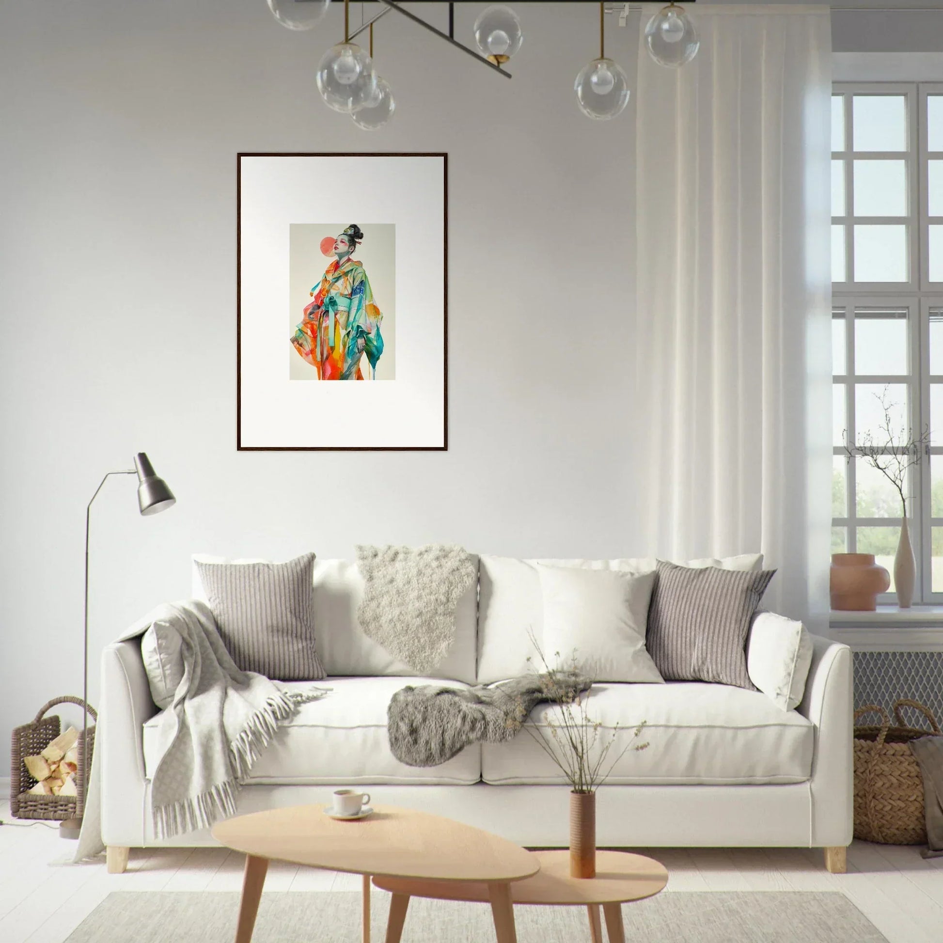 Cozy white sofa with throw pillows, perfect for rainbow essence room decoration