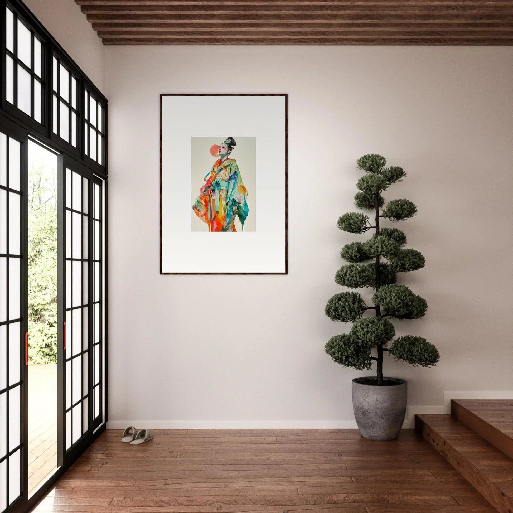 Framed watercolor of a Geisha in vibrant kimono, perfect for room decoration with rainbow essence