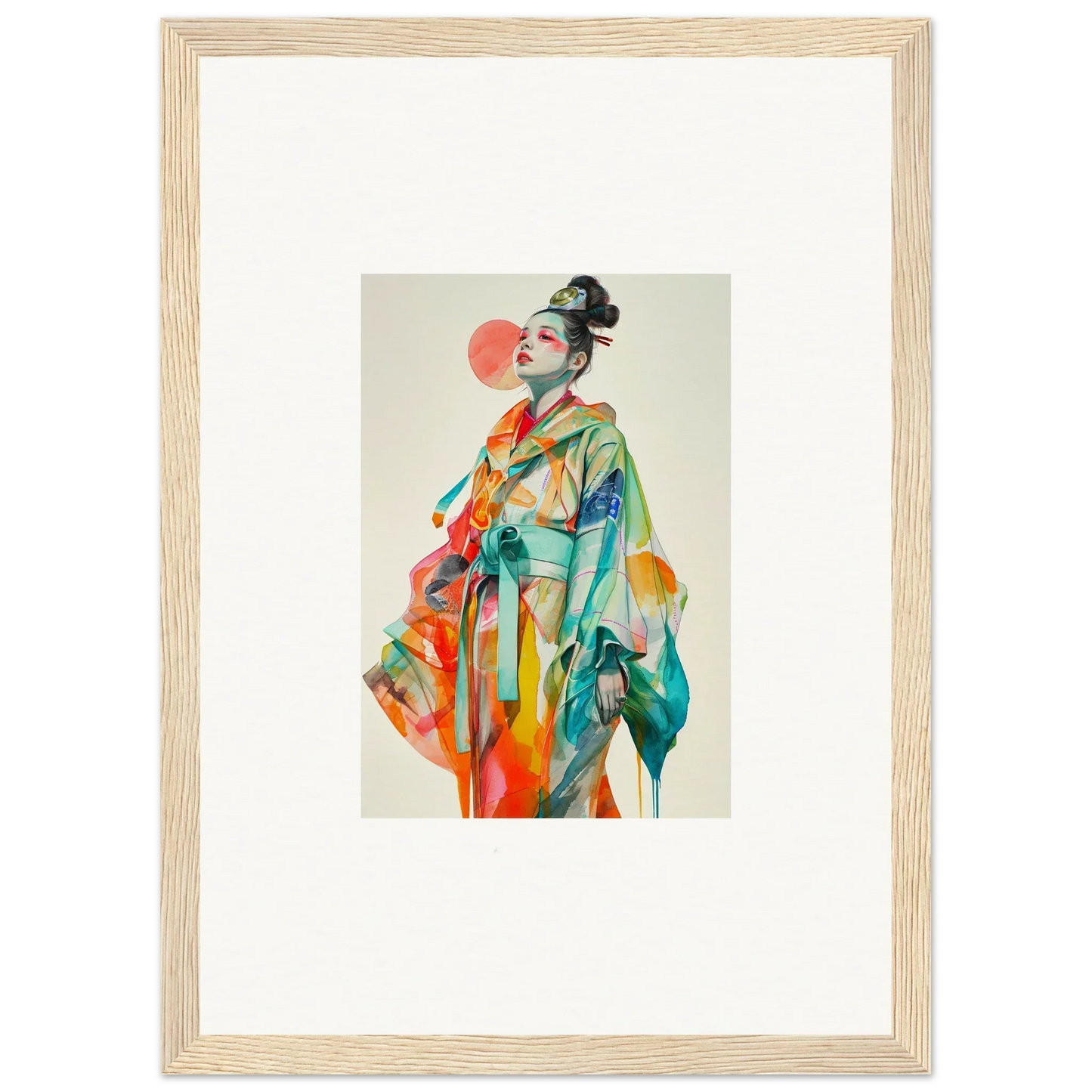 Framed canvas print of a colorful geisha for vibrant room decoration with rainbow essence