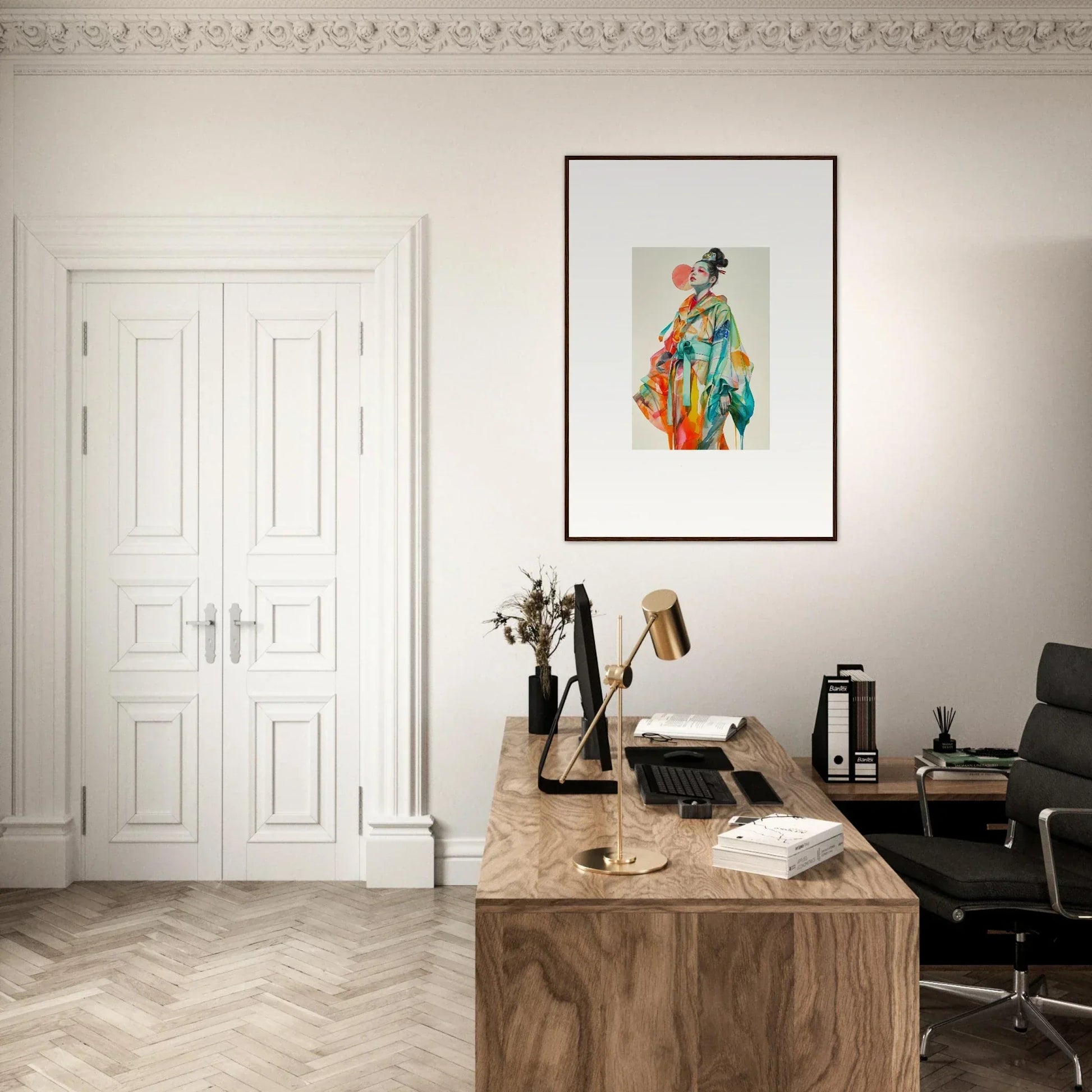 Home office with a wooden desk, comfy chair, and rainbow essence canvas print decor