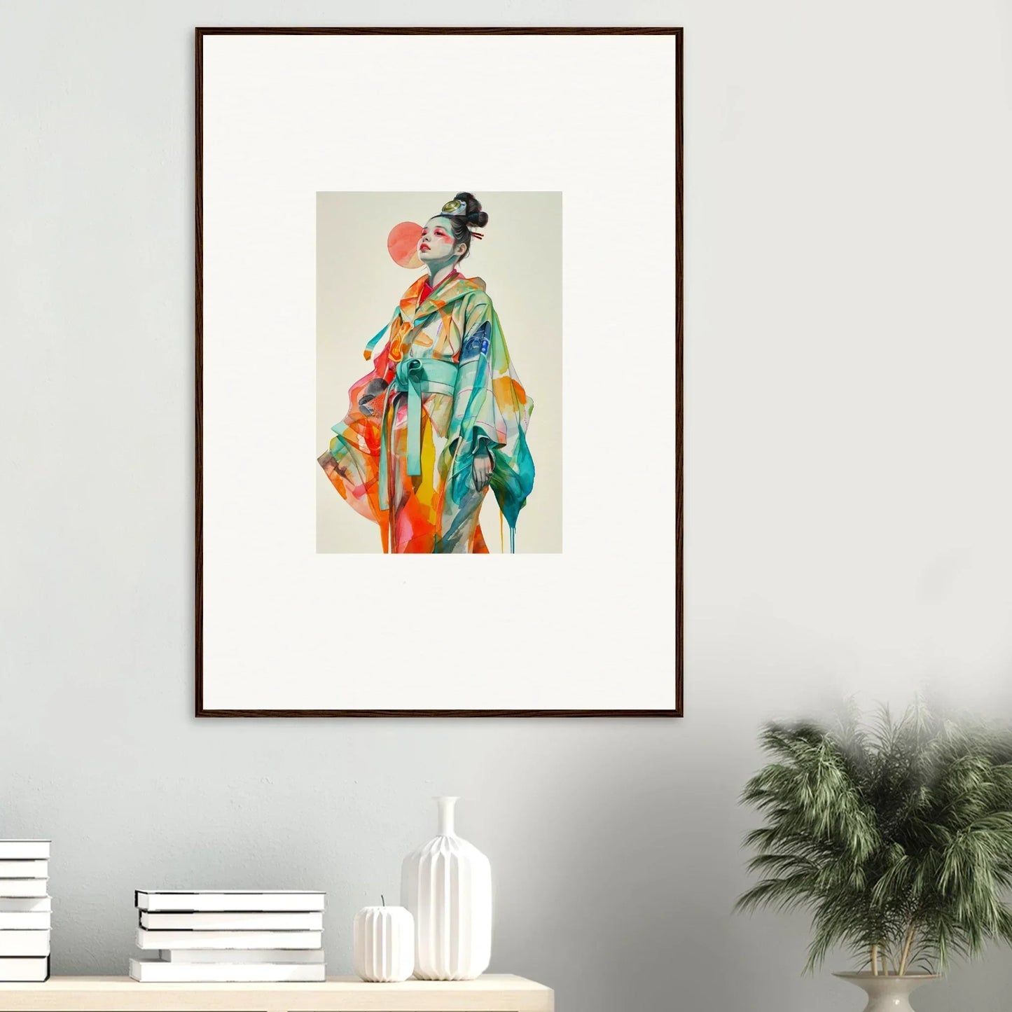 Framed canvas print of a colorful abstract figure in traditional Japanese attire for room decoration