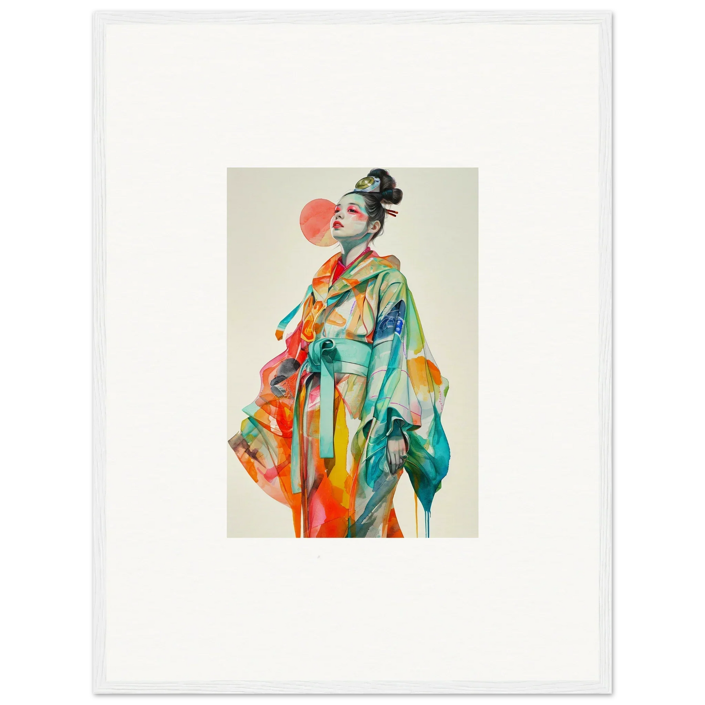 Colorful portrait of woman in Japanese attire, perfect for a rainbow essence canvas print