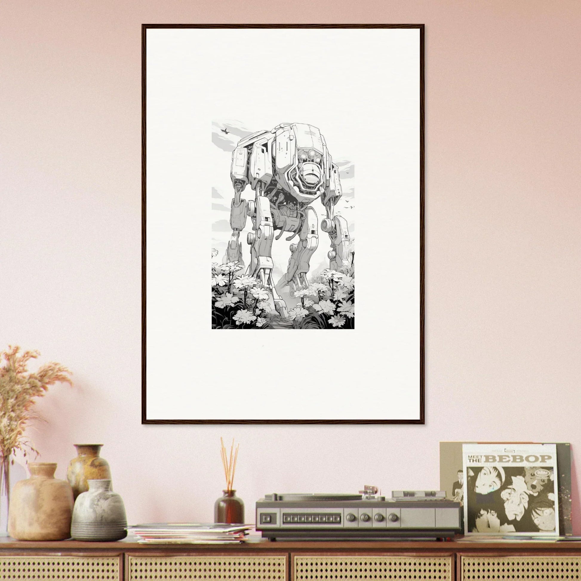 Framed black and white AT-AT walker sketch, perfect wall art for unique room decoration