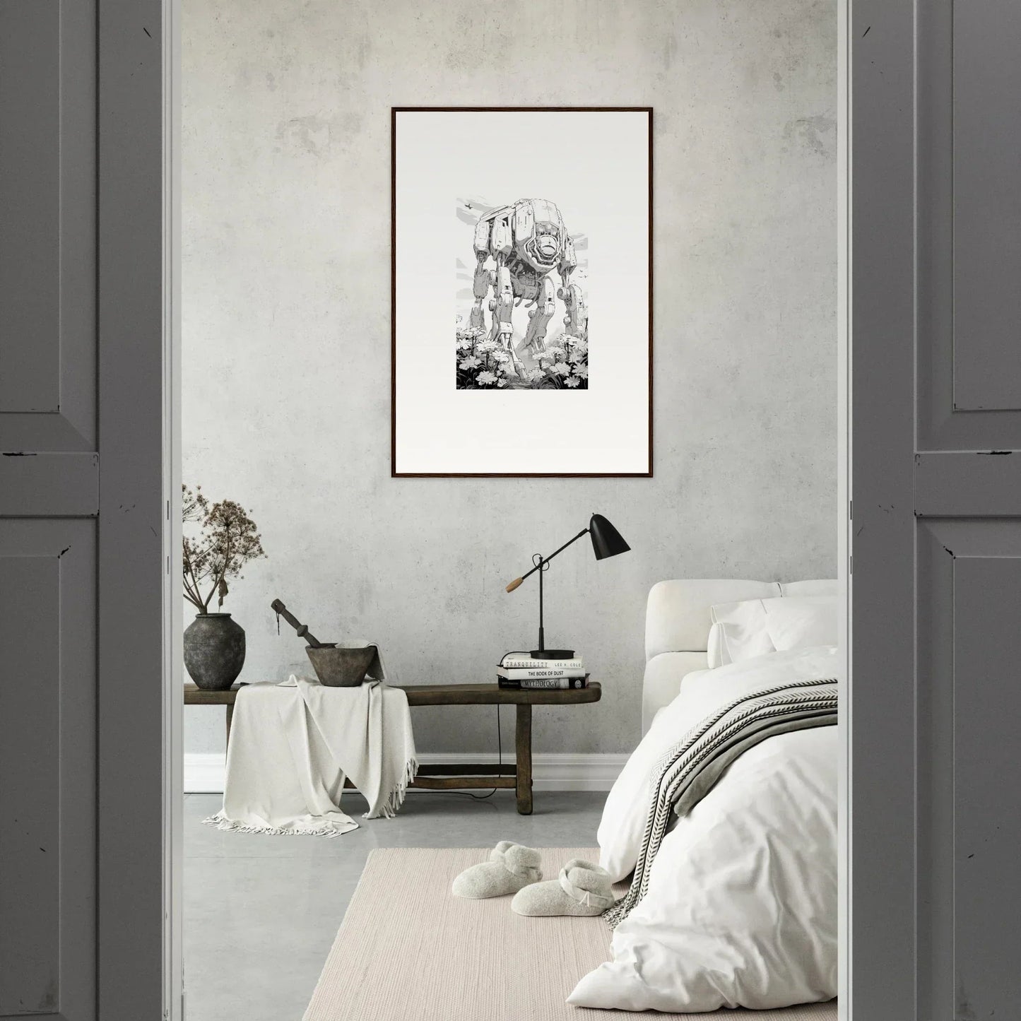 Framed black and white wall art sketch perfect for trendy room decoration