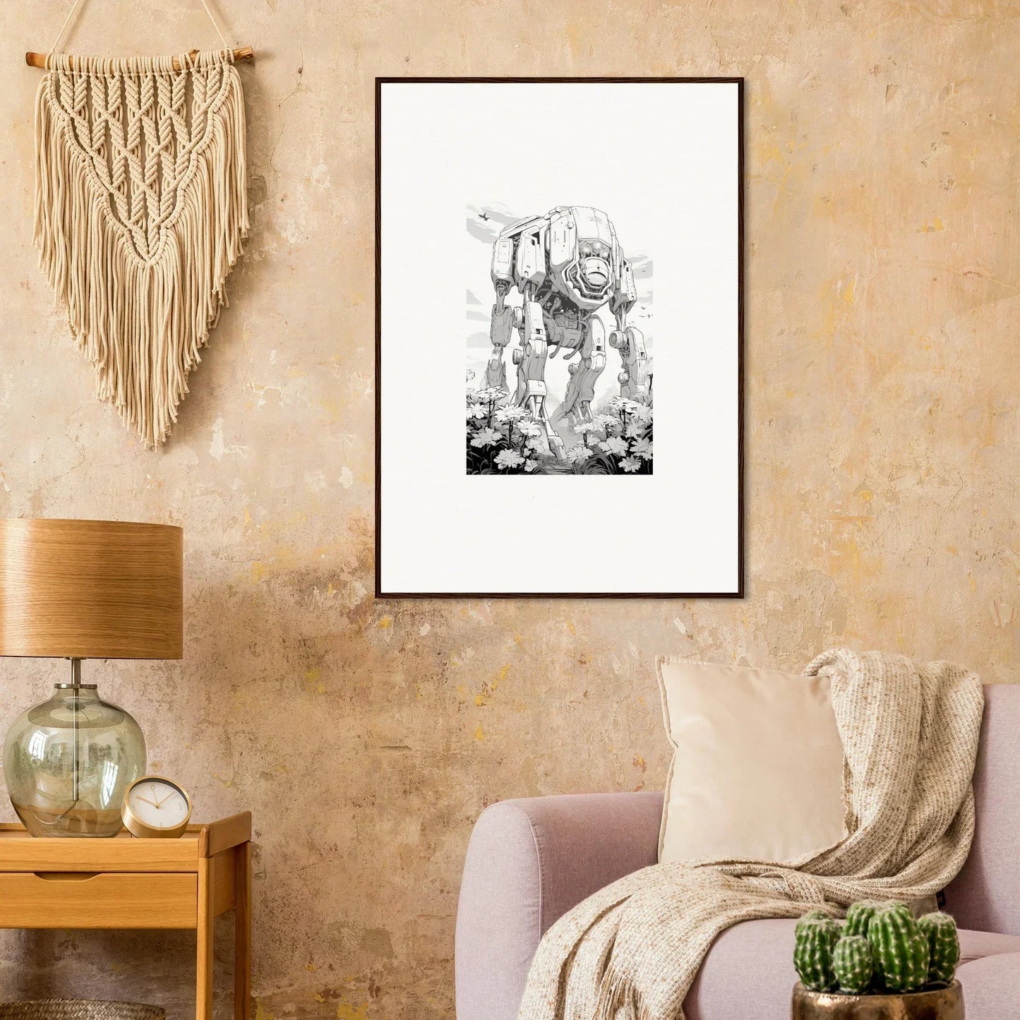 Framed black and white AT-AT walker sketch for unique room decoration wall art