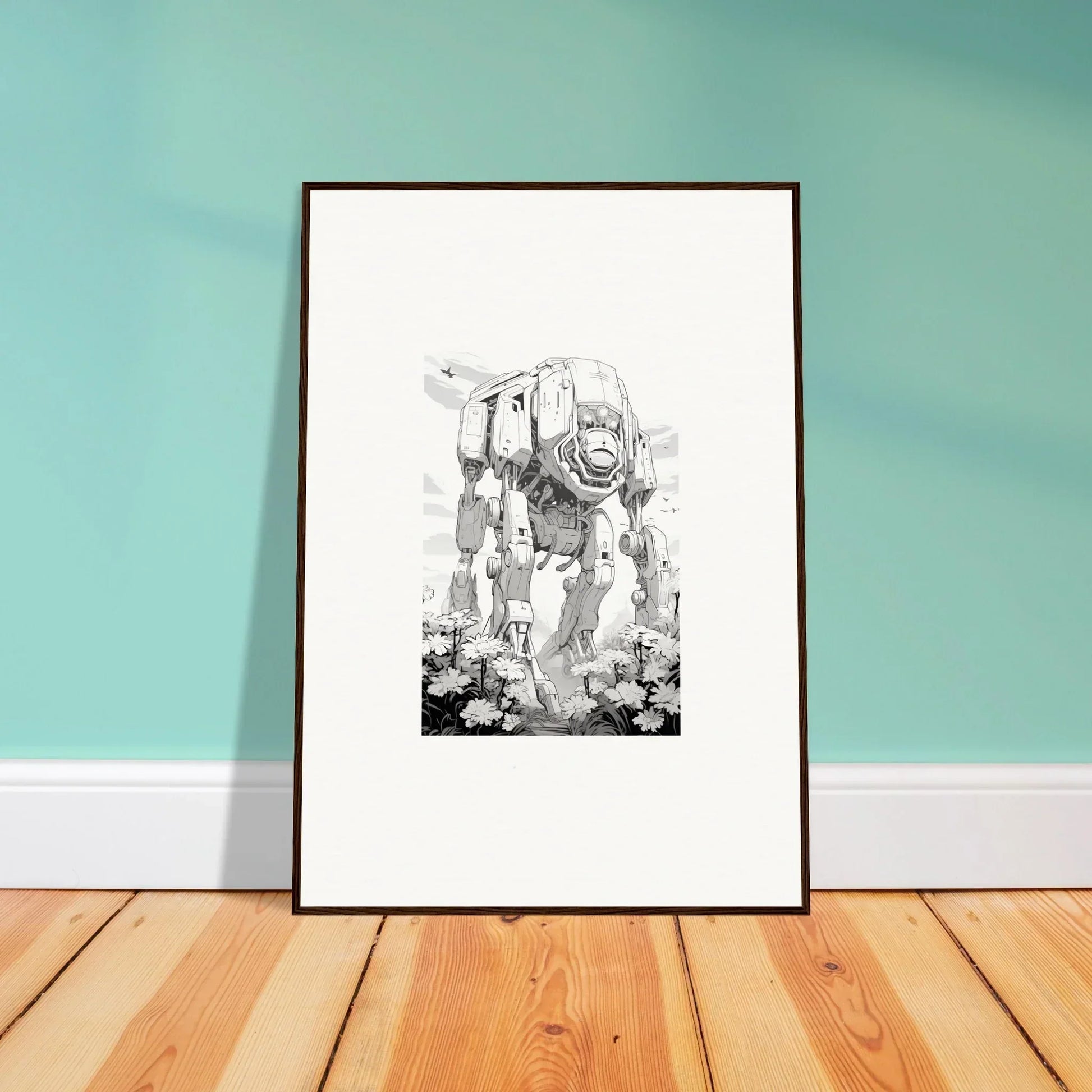 Framed black and white AT-AT walker sketch for cool room decoration wall art