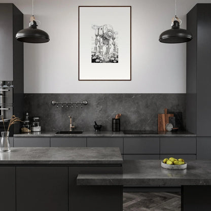 Modern kitchen with dark gray cabinetry, pendant lights, and stylish wall art