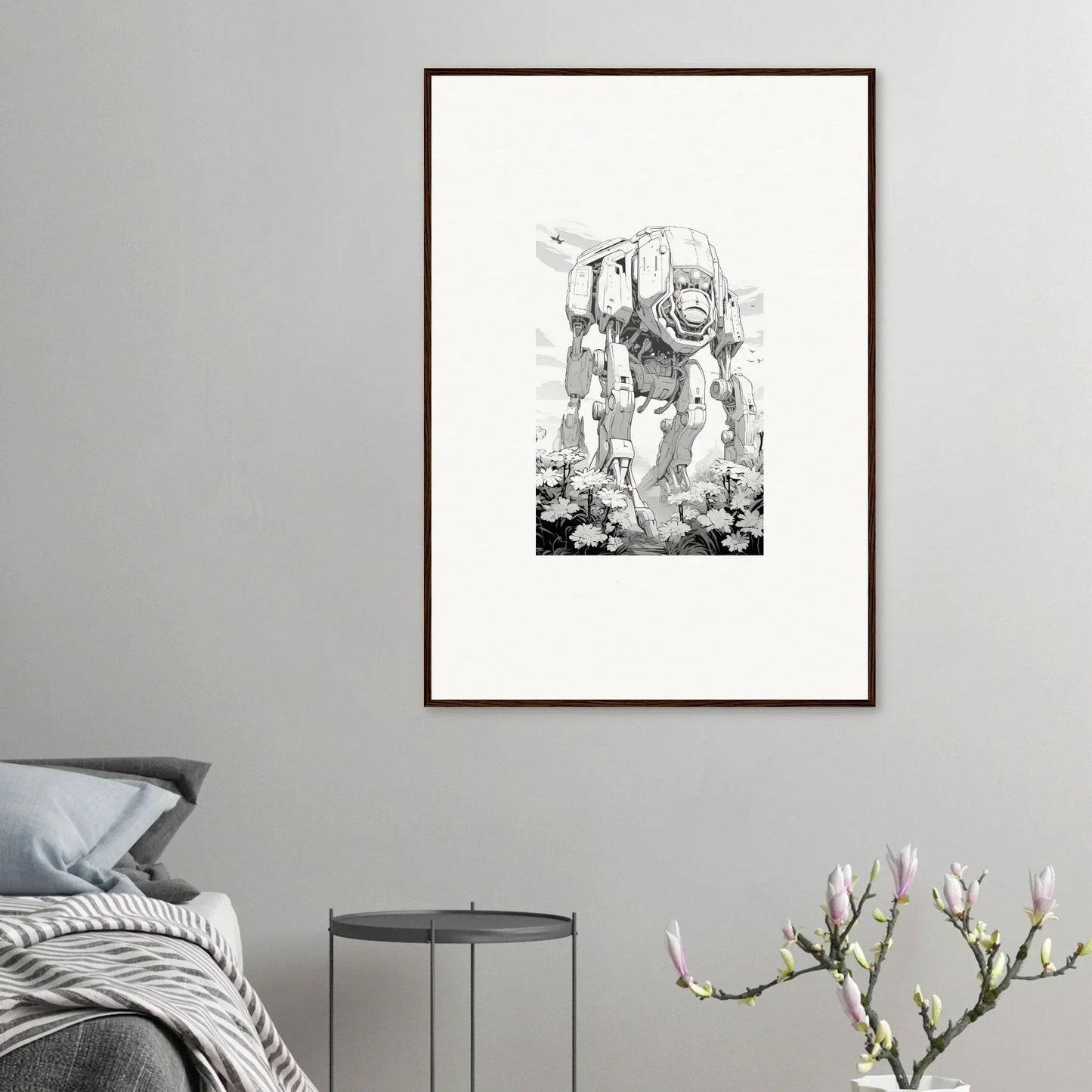 Framed black and white sketch of a robotic quadruped for cool room decoration wall art