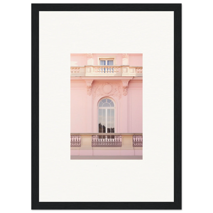 Arched balcony window with ornate railings on a pink building from Ethereal Rose Whispers