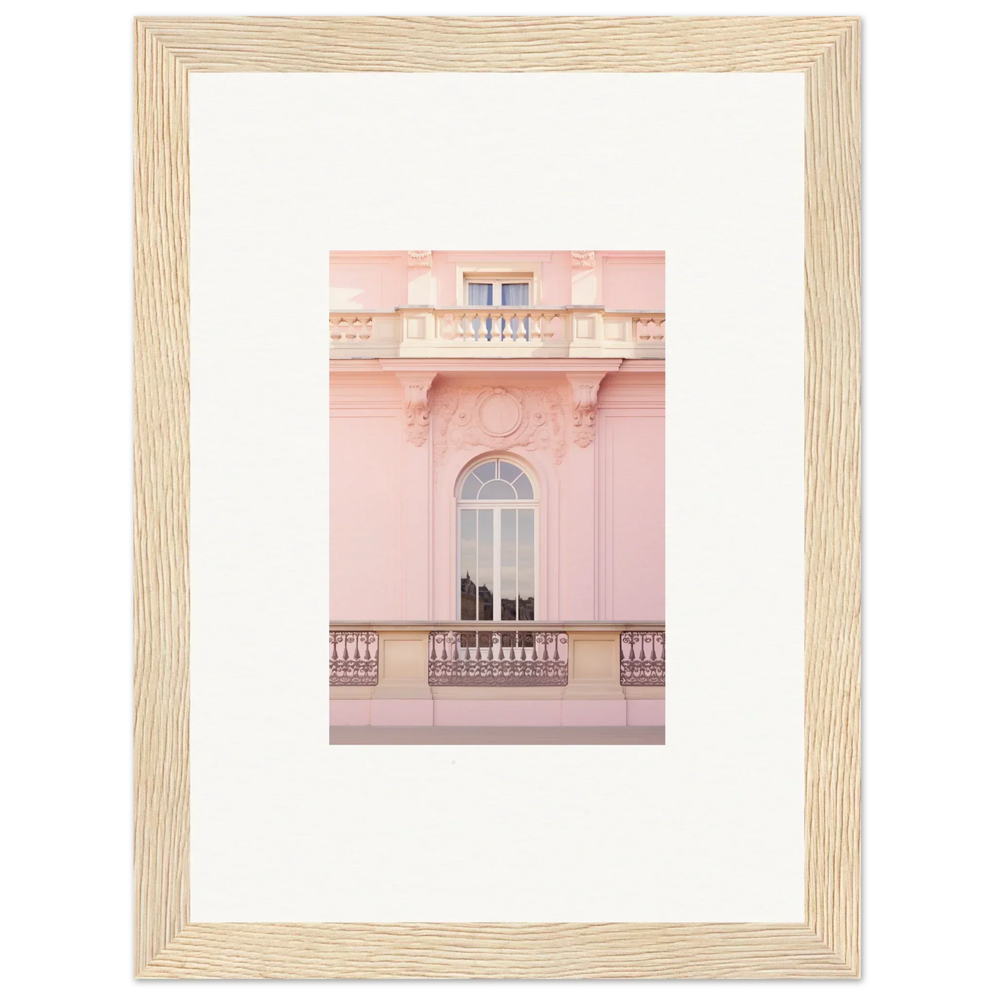 Framed photograph of a pink building’s balcony for Ethereal Rose Whispers