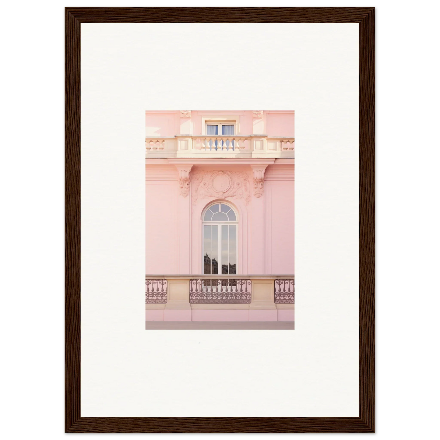 Elegant arched window with ornate balcony on pink facade in Ethereal Rose Whispers art