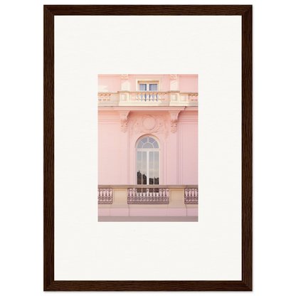 Elegant arched window with ornate balcony on pink facade in Ethereal Rose Whispers art