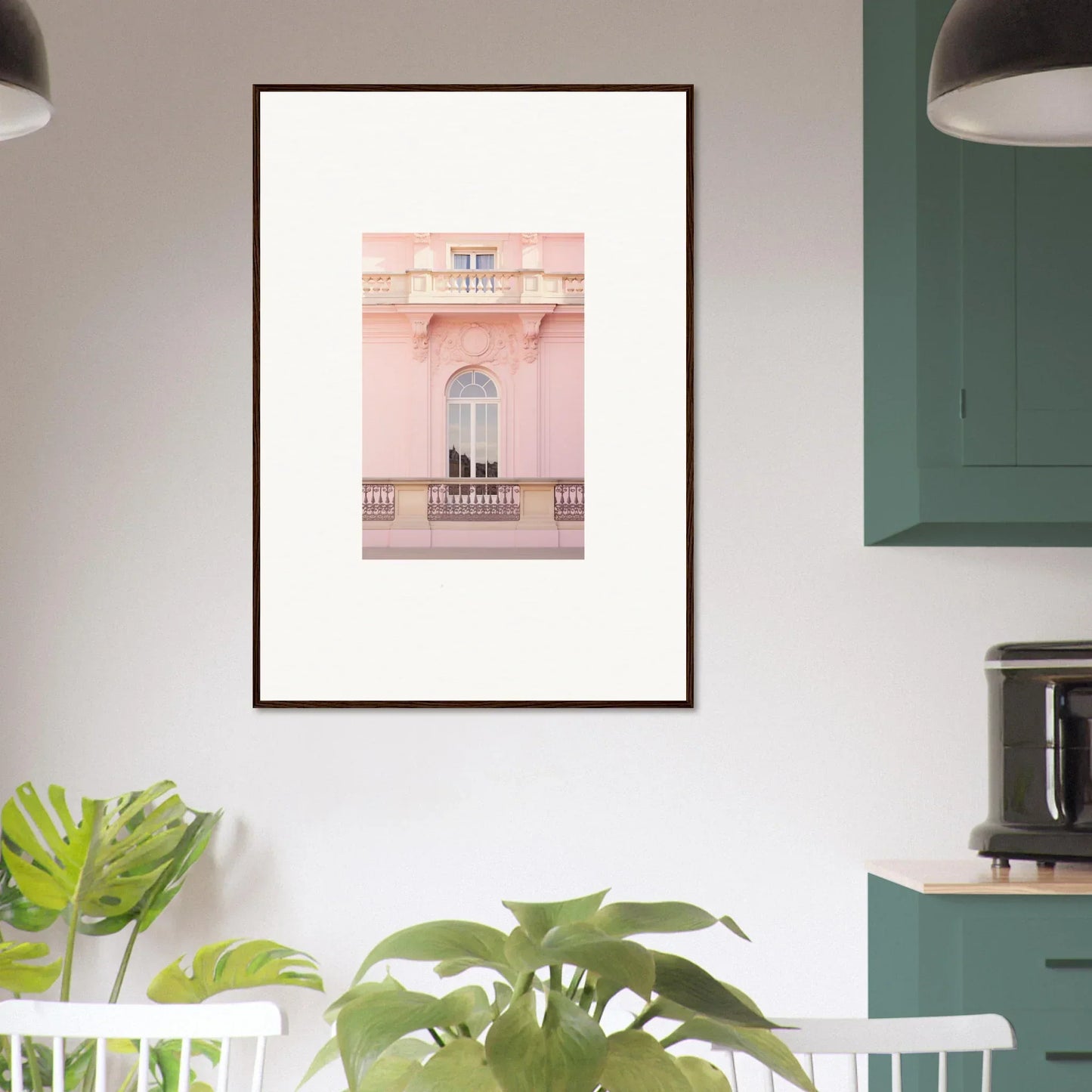 Framed art print of a pink building with an arch, part of Ethereal Rose Whispers collection