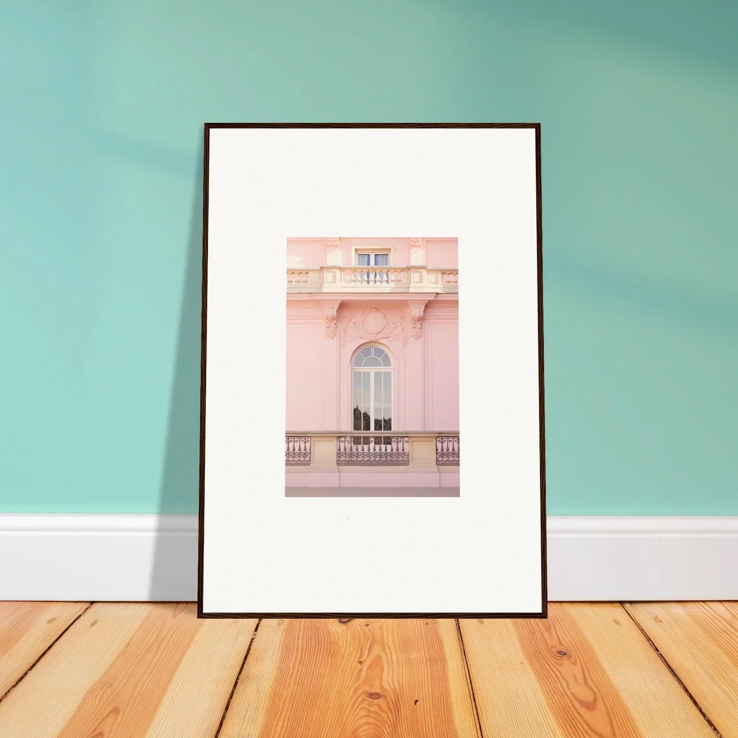 Ethereal Rose Whispers art print of a pink façade with arched window and balcony