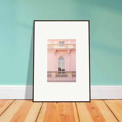 Ethereal Rose Whispers art print of a pink façade with arched window and balcony