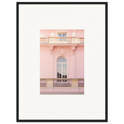 Arched window with ornate balcony on a pink building, perfect for Ethereal Rose Whispers