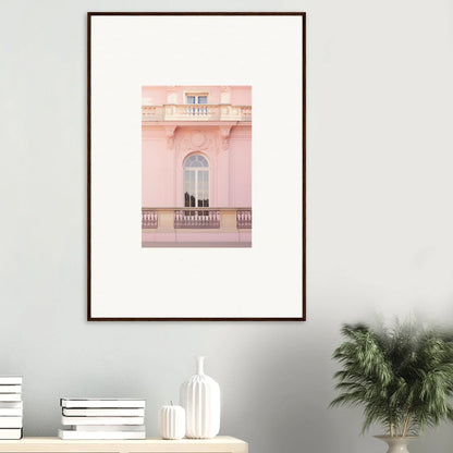 Framed photograph of a pink building balcony in Ethereal Rose Whispers style