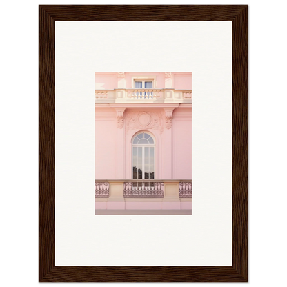 Framed photograph of an ornate balcony and arched window in Ethereal Rose Whispers