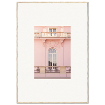 Pink architectural facade with arched window and ornate balcony for Ethereal Rose Whispers