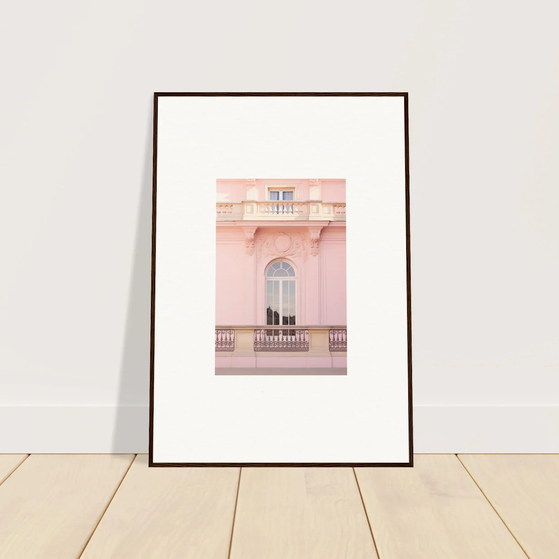 Framed art print of Ethereal Rose Whispers with a pink building and arched balcony