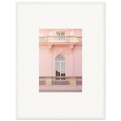 Pink architectural facade with arched window and ornate balcony for Ethereal Rose Whispers