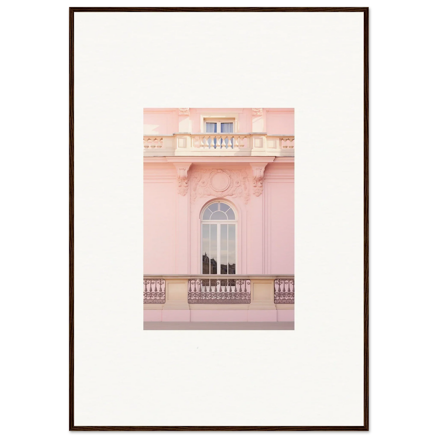 Pink architectural facade with arched window for Ethereal Rose Whispers art piece