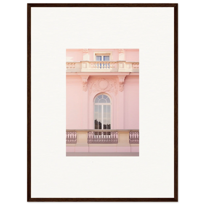 Elegant arched window with ornate balcony on a pink building from Ethereal Rose Whispers