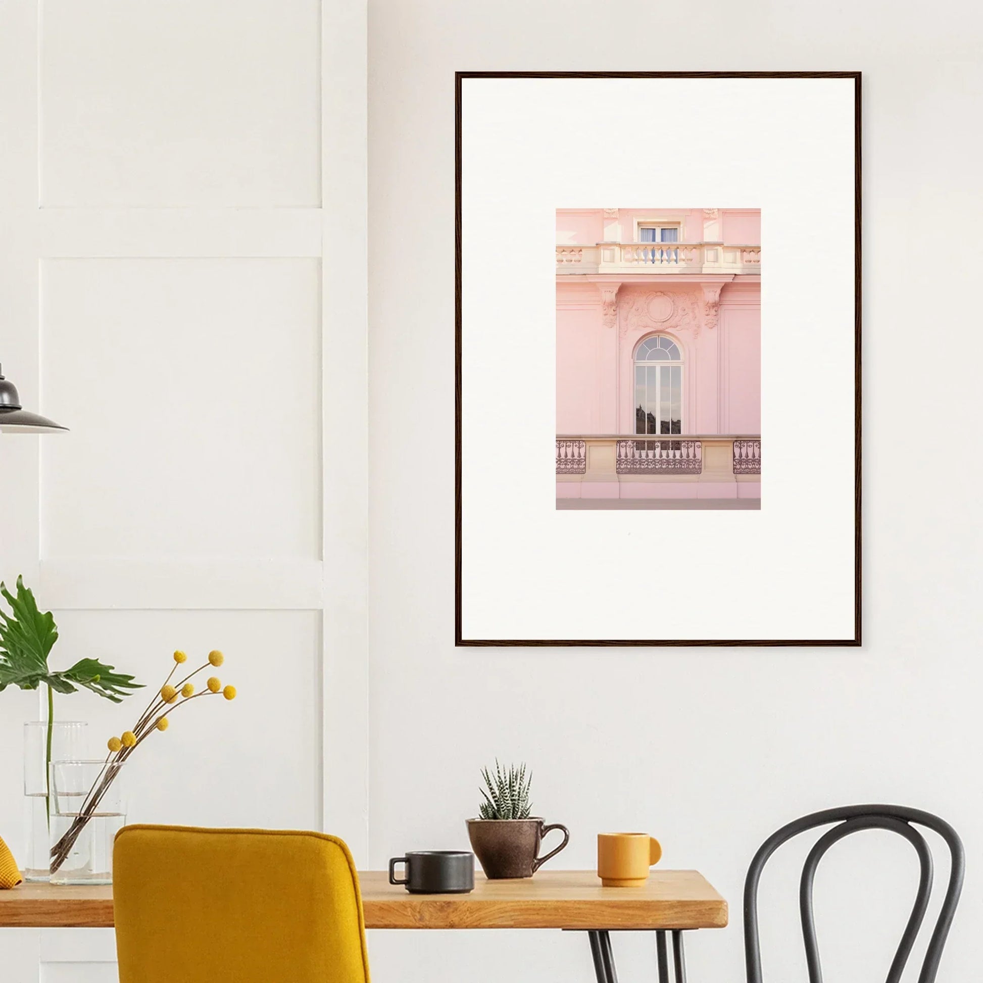 Framed art print of a pink balcony and arched window from Ethereal Rose Whispers