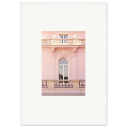 Pink architectural facade featuring an arched window and ornate balcony for Ethereal Rose Whispers