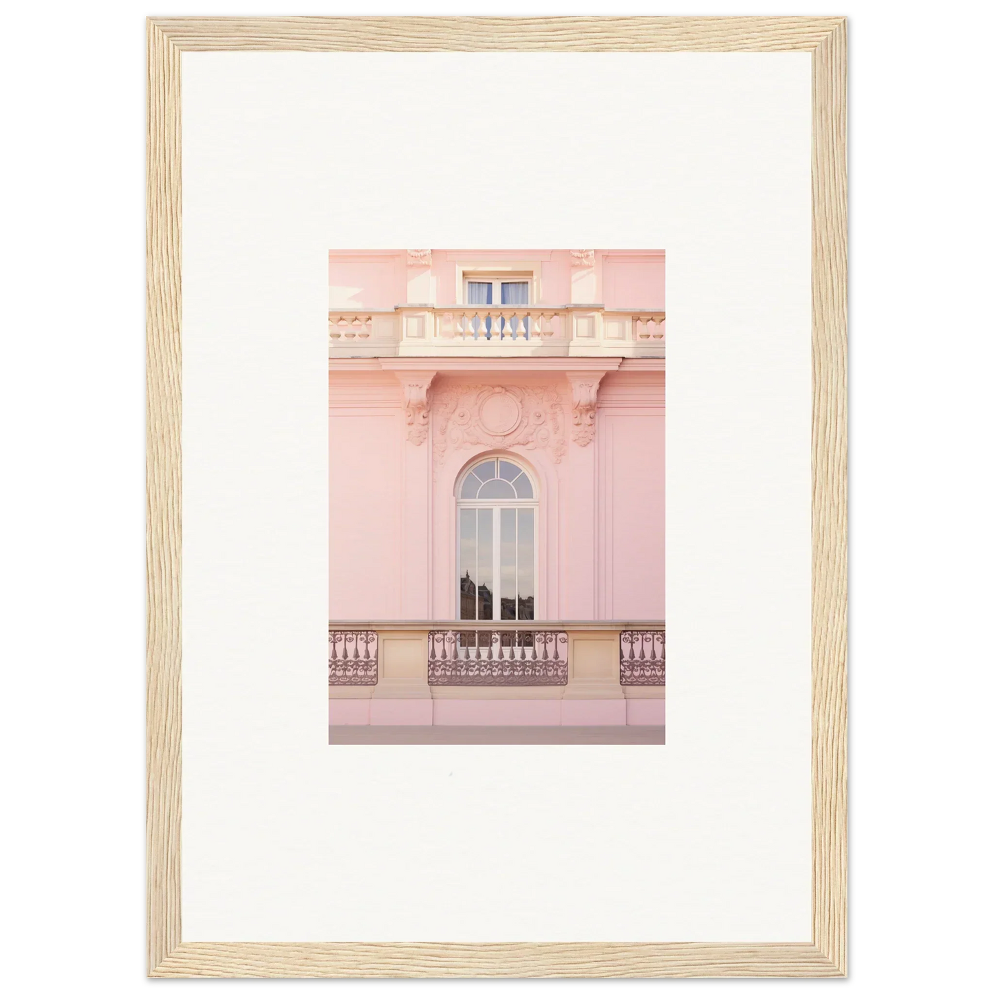 Framed photo of a pink building’s balcony in Ethereal Rose Whispers special edition art™