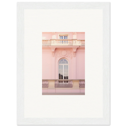 Pink building facade with arched window and ornate balcony for Ethereal Rose Whispers