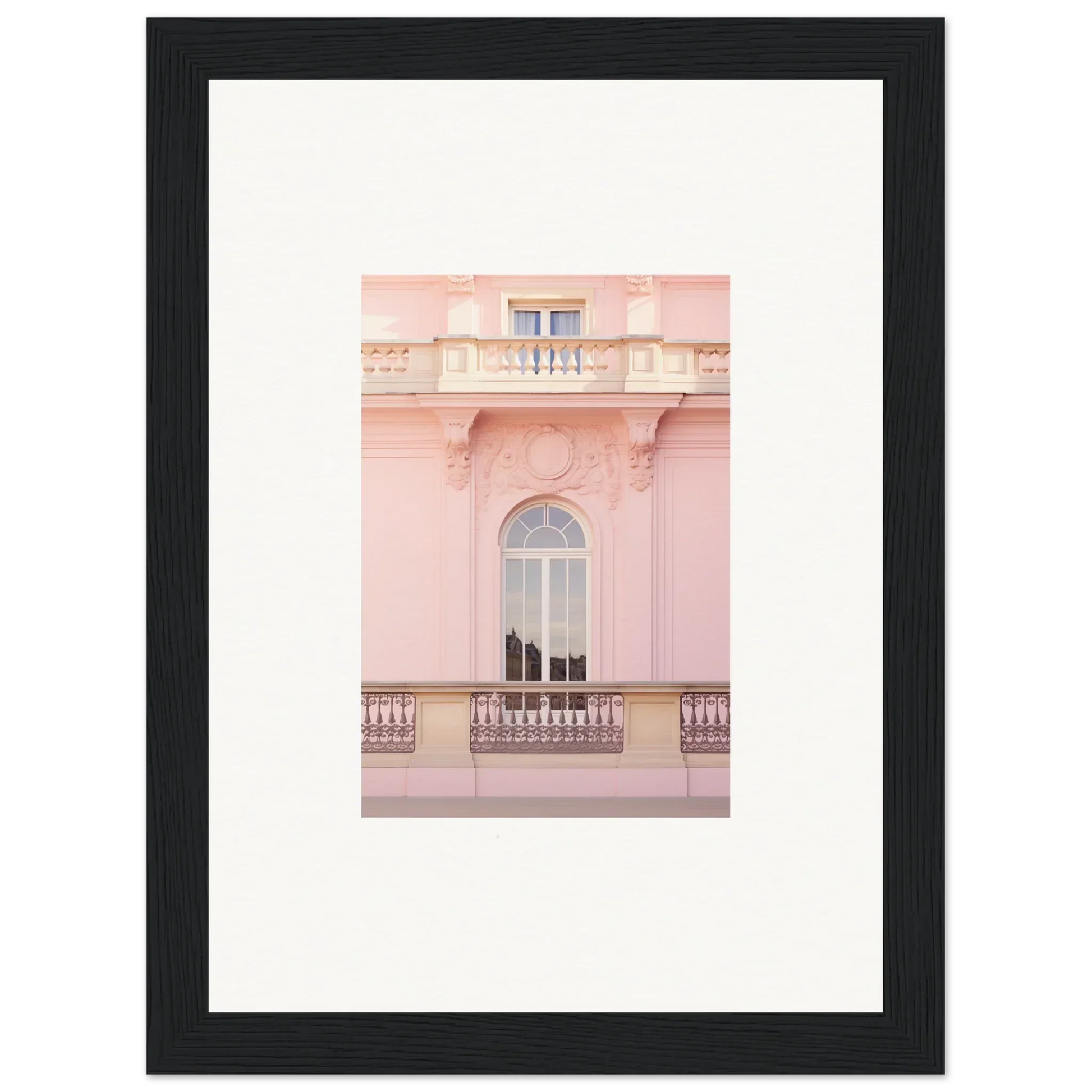 Framed photo of a pink building’s balcony, perfect for Ethereal Rose Whispers collection