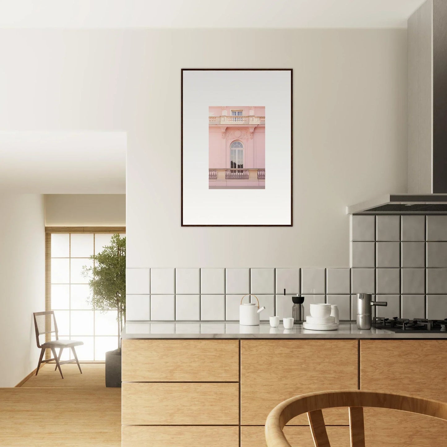 Framed pink architectural artwork named Ethereal Rose Whispers on a white wall