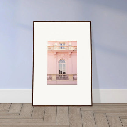 Framed art print of Ethereal Rose Whispers showcasing pink building details and balcony