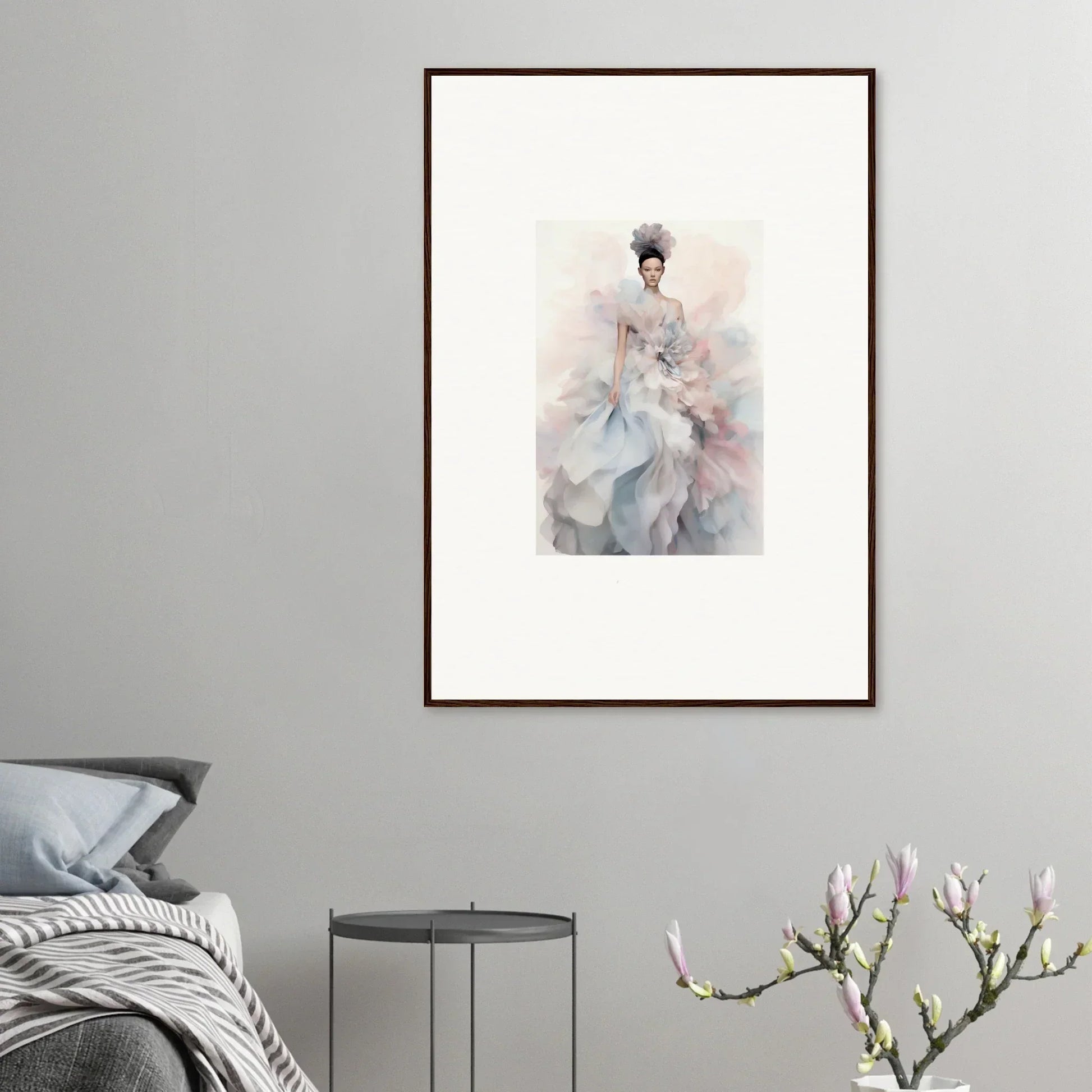 Delicate watercolor of a figure in an ethereal gown, part of Ethereal Satin Interlude