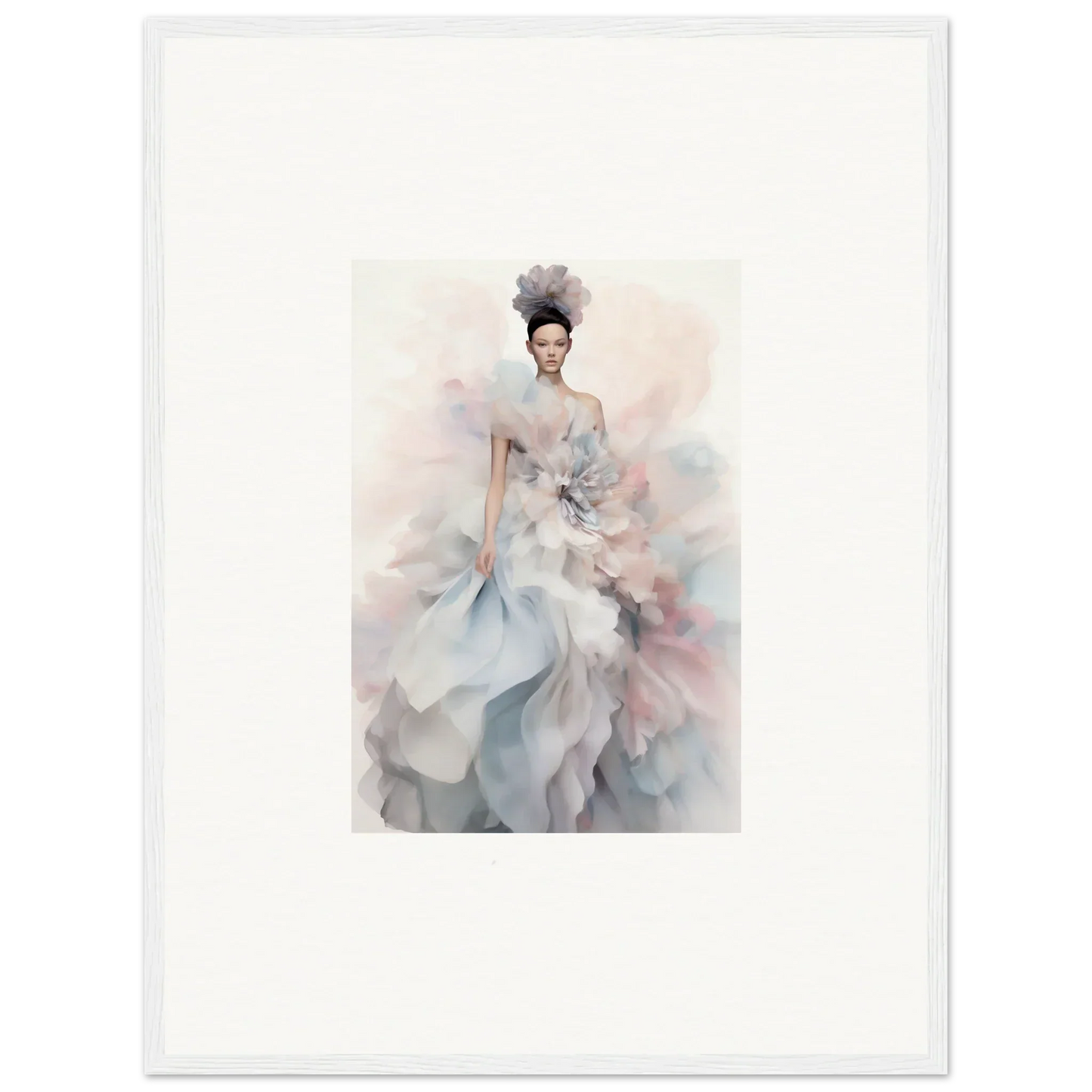 Ethereal watercolor fashion illustration of Ethereal Satin Interlude gown in gray and blue