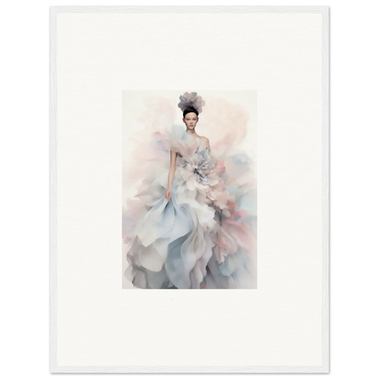 Ethereal watercolor fashion illustration of Ethereal Satin Interlude gown in gray and blue