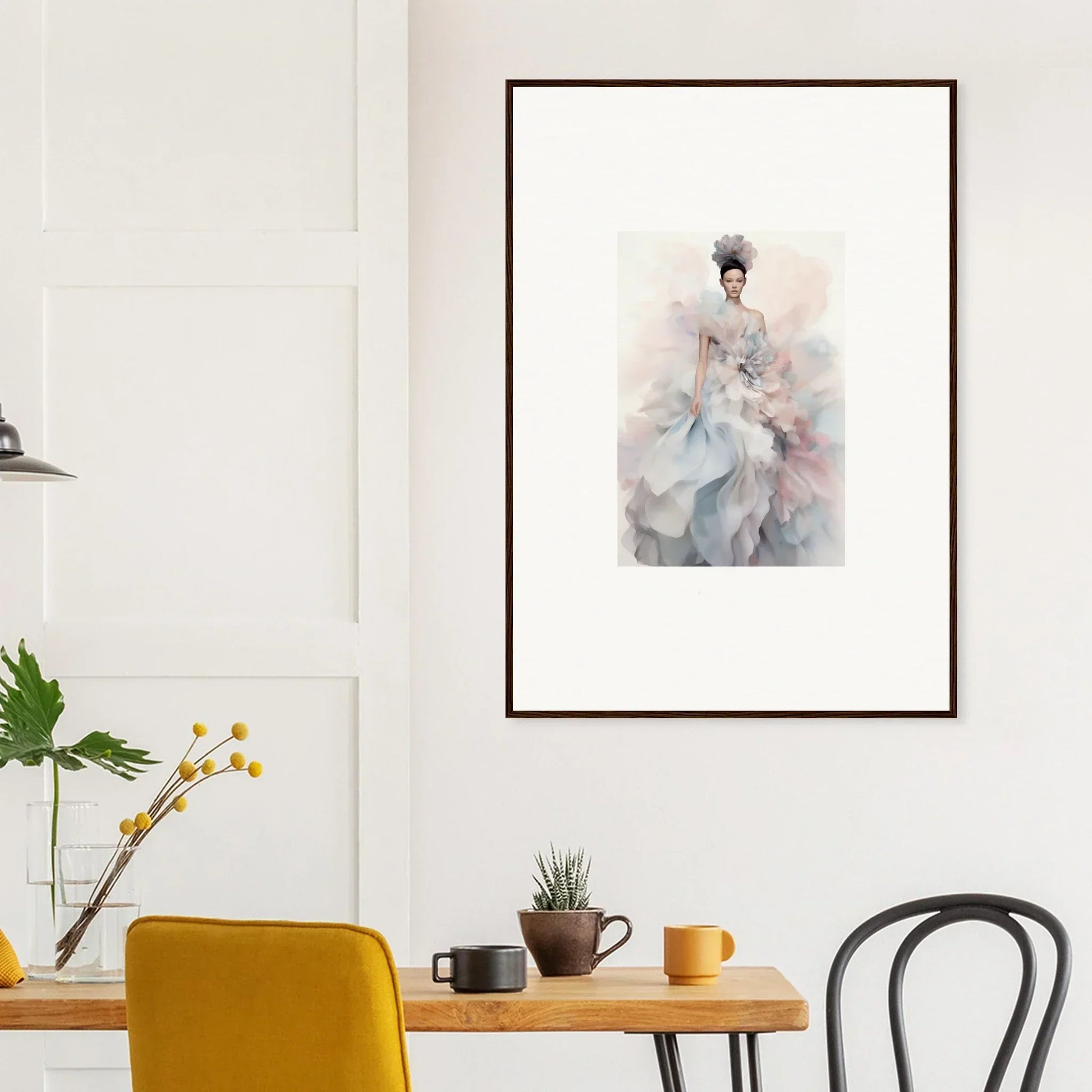 Framed wall art of a figure in an ethereal satin interlude dress in soft pastels