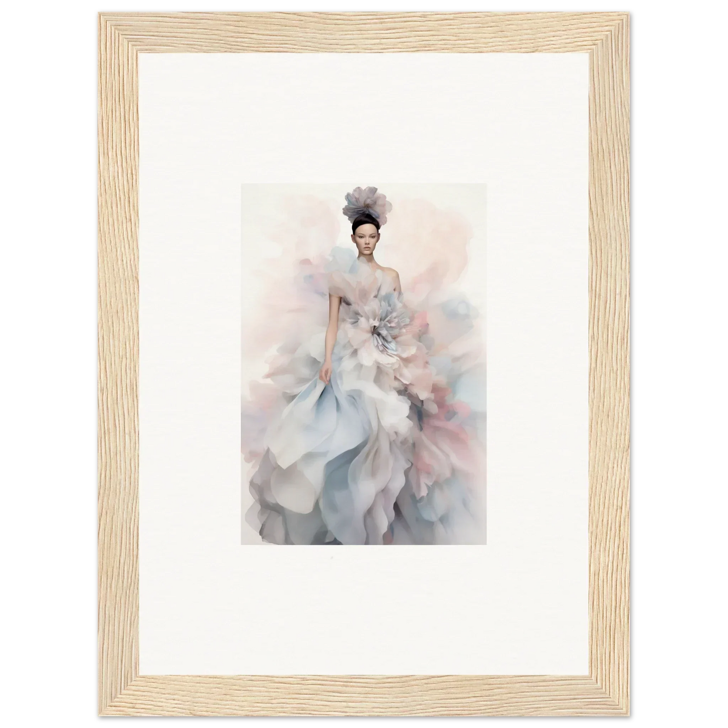 Ethereal watercolor painting of a figure in pastel gowns for Ethereal Satin Interlude