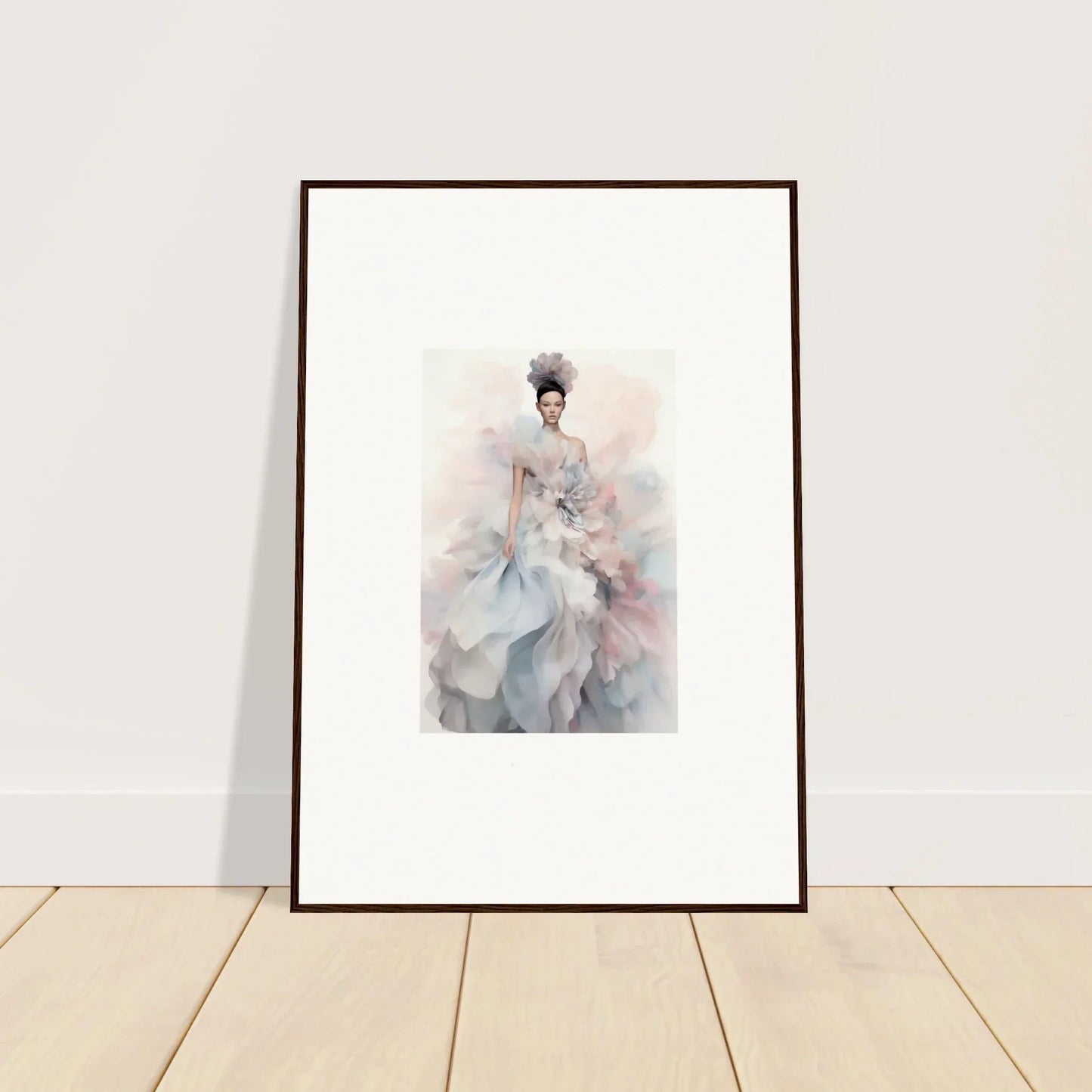 Framed watercolor of a figure in an ethereal satin interlude dress, perfect wall art