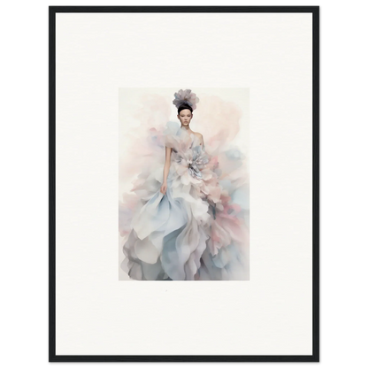 Watercolor fashion illustration of Ethereal Satin Interlude gown in soft gray and blue