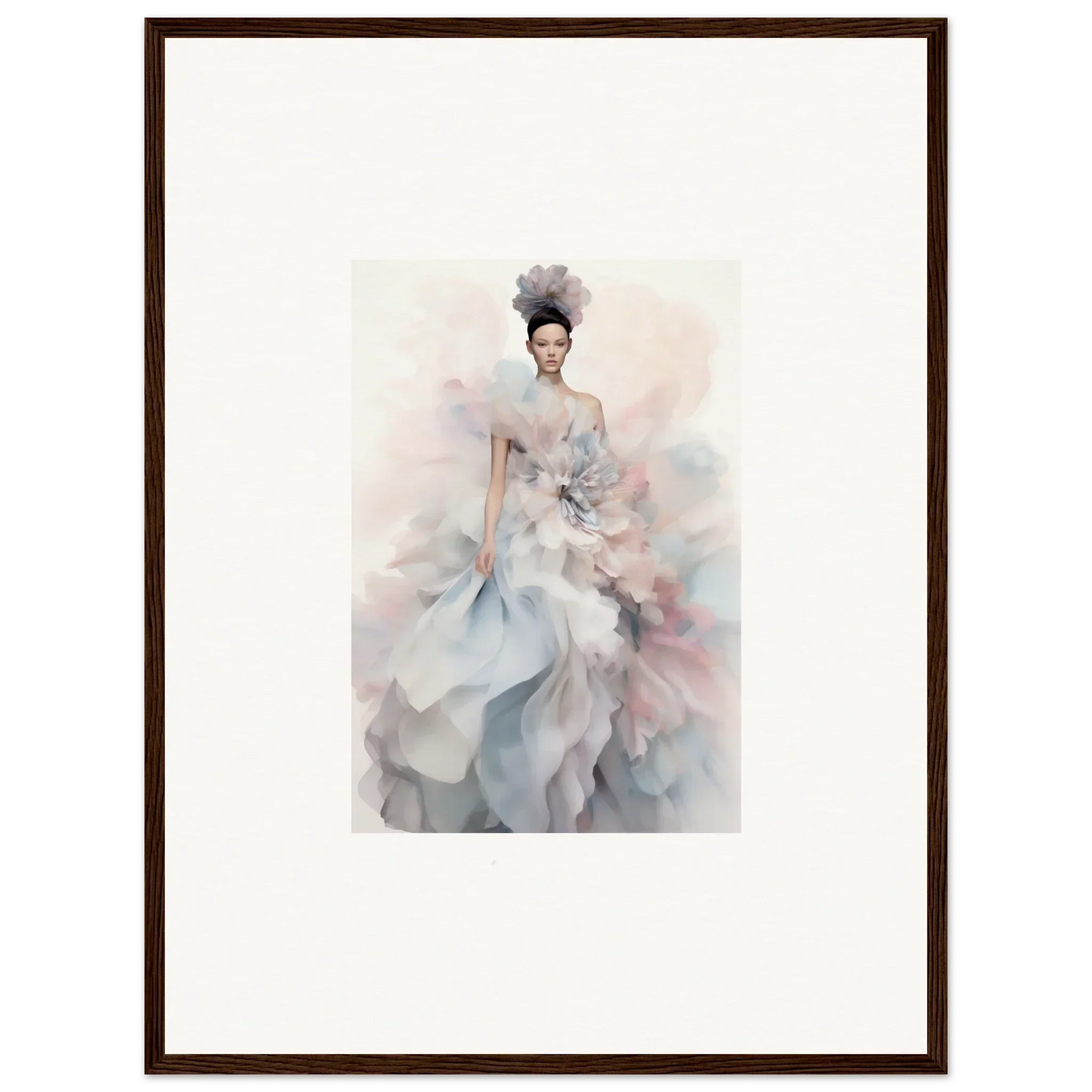 Watercolor fashion illustration of Ethereal Satin Interlude gown in gray and blue tones