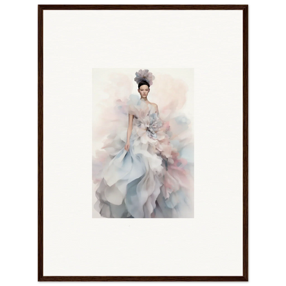 Watercolor fashion illustration of Ethereal Satin Interlude gown in gray and blue tones