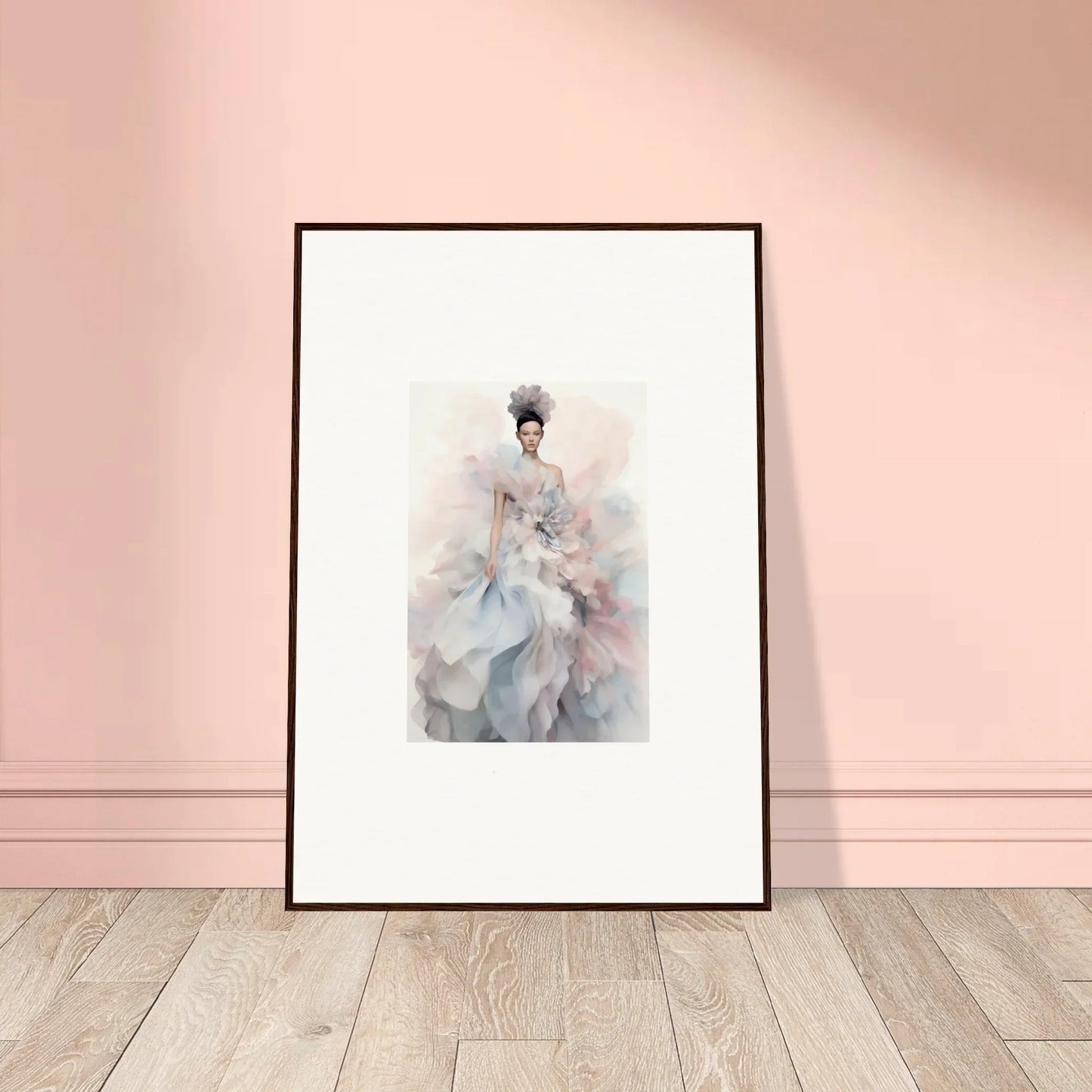 Framed watercolor of a figure in flowing dress for Ethereal Satin Interlude art