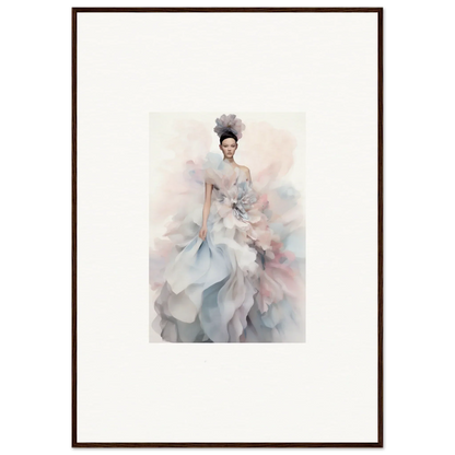 Ethereal watercolor fashion illustration of Ethereal Satin Interlude gown in soft tones