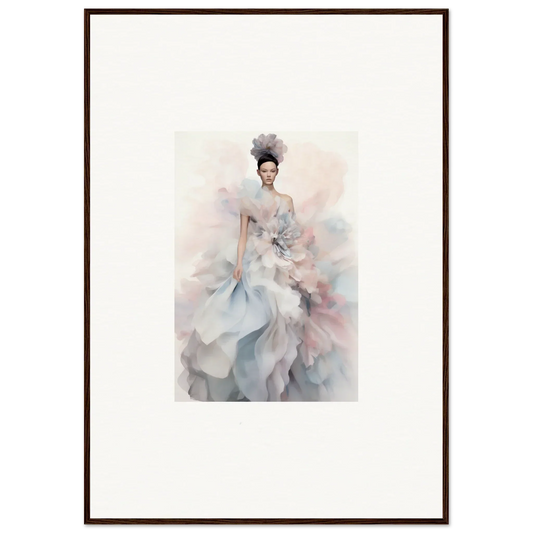 Ethereal watercolor fashion illustration of Ethereal Satin Interlude gown in soft tones