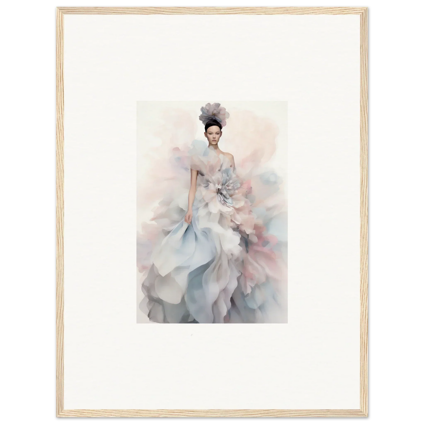 Ethereal watercolor fashion illustration of Ethereal Satin Interlude gown in soft tones