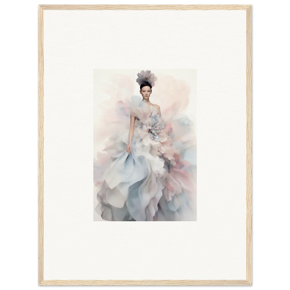 Ethereal watercolor fashion illustration of Ethereal Satin Interlude gown in soft tones