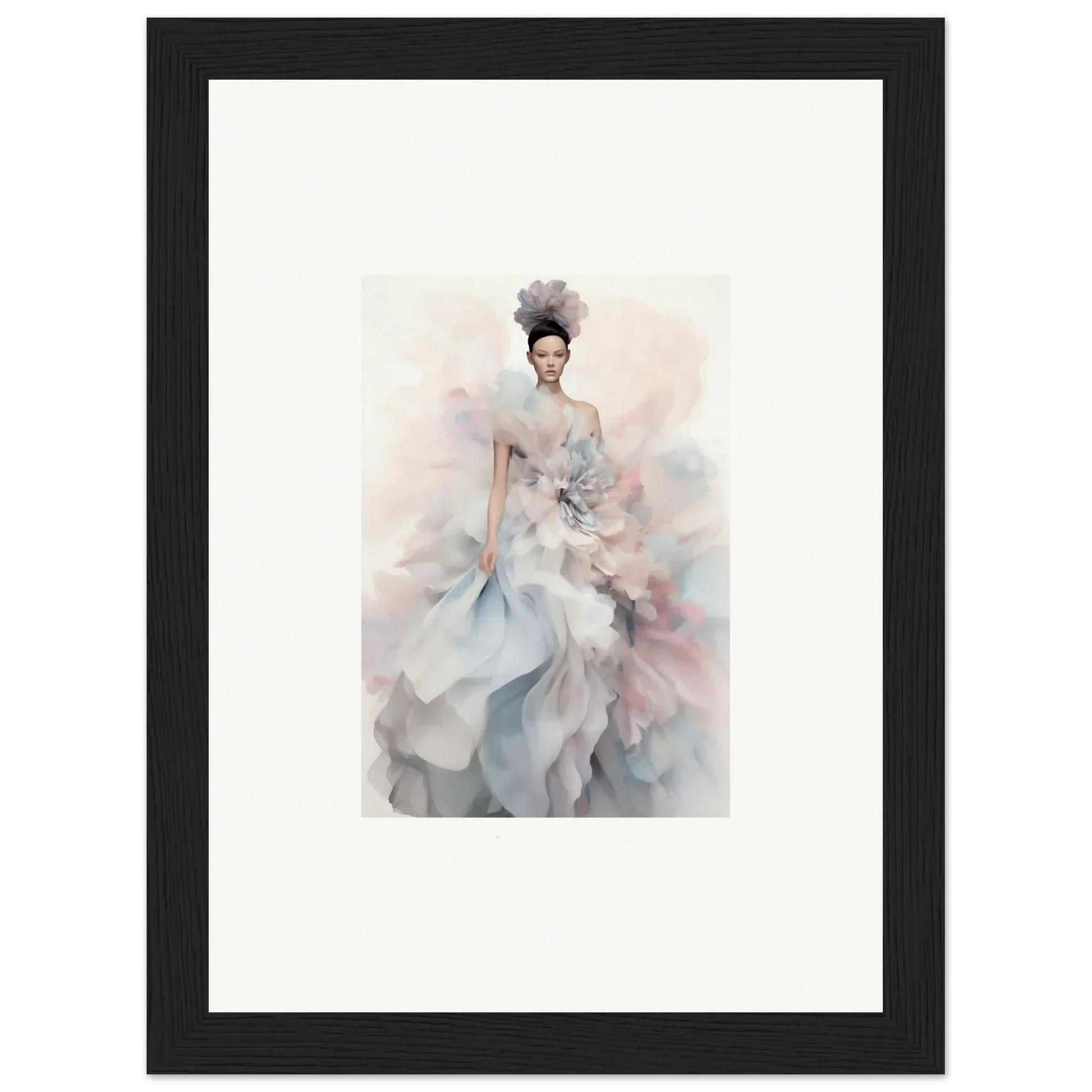 Ethereal watercolor fashion illustration of Ethereal Satin Interlude in soft grays and pinks